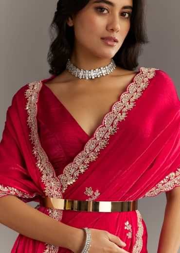 Magenta Gota Patti Embroidered Saree With Stones And Cutdana Work