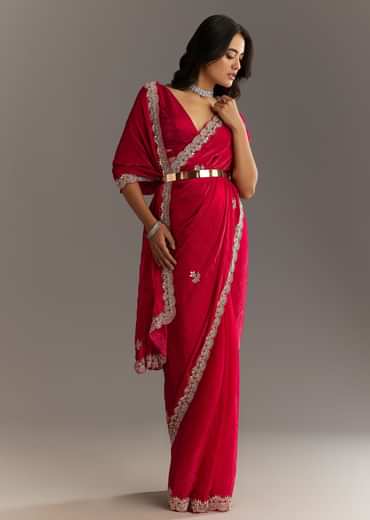 Magenta Gota Patti Embroidered Saree With Stones And Cutdana Work