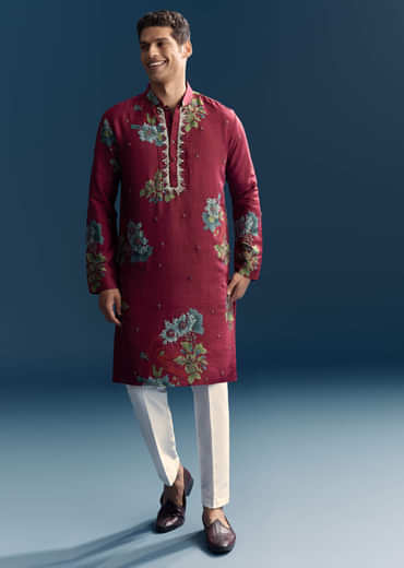 Magenta Silk Kurta Set For Men With Heavy Hand Work