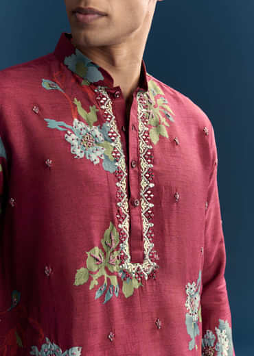 Magenta Silk Kurta Set For Men With Heavy Hand Work