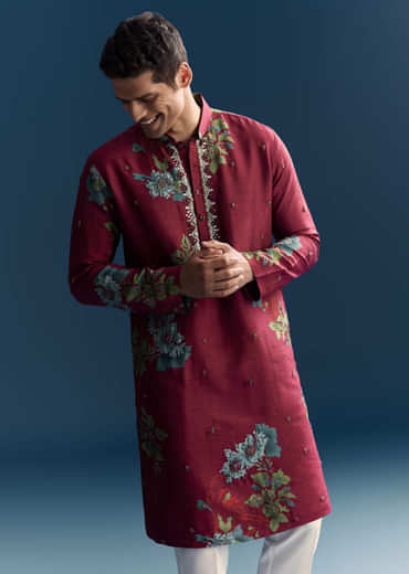 Magenta Silk Kurta Set For Men With Heavy Hand Work