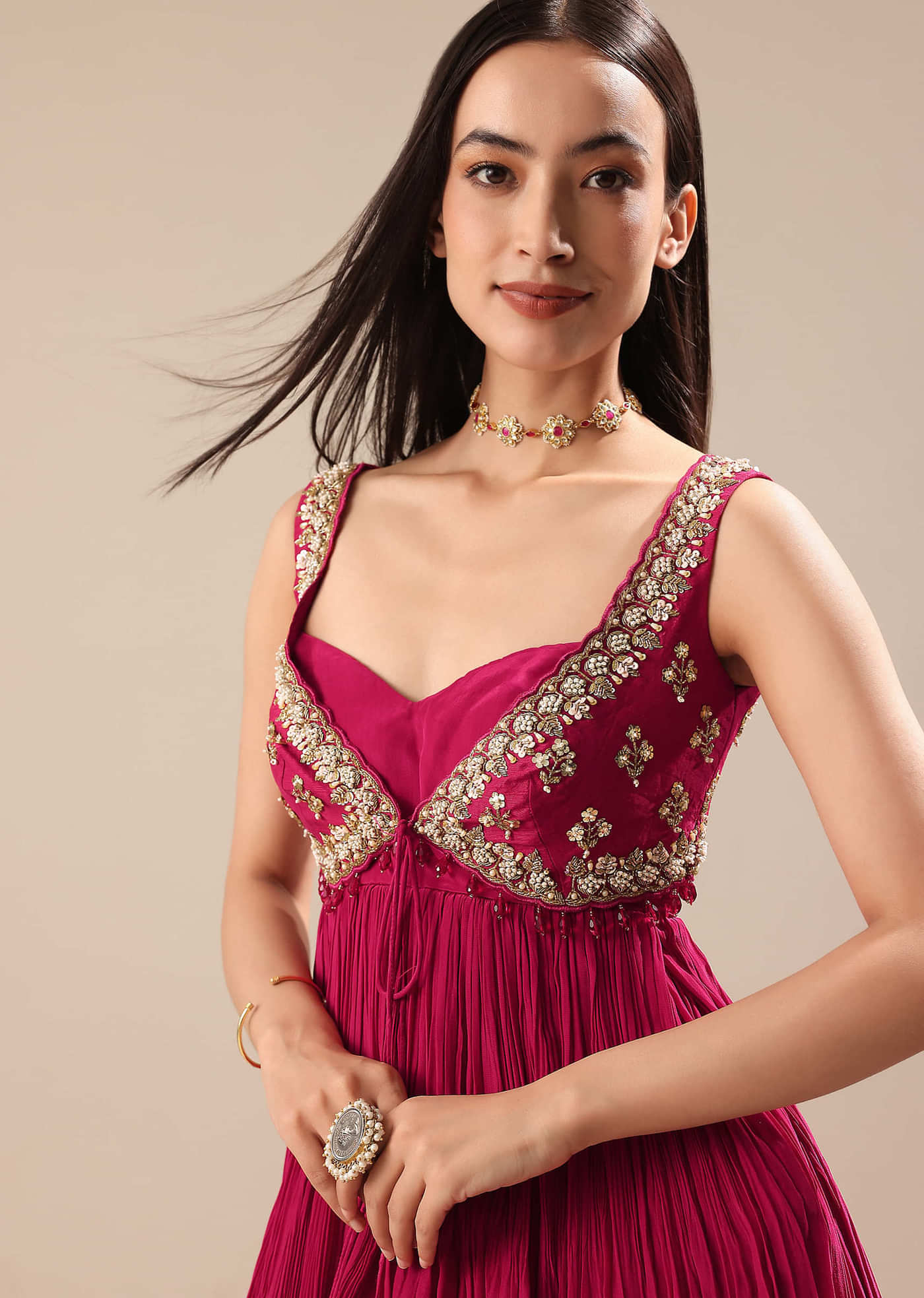 Magenta Crepe Dhoti With Embroidered Blouse And Koti