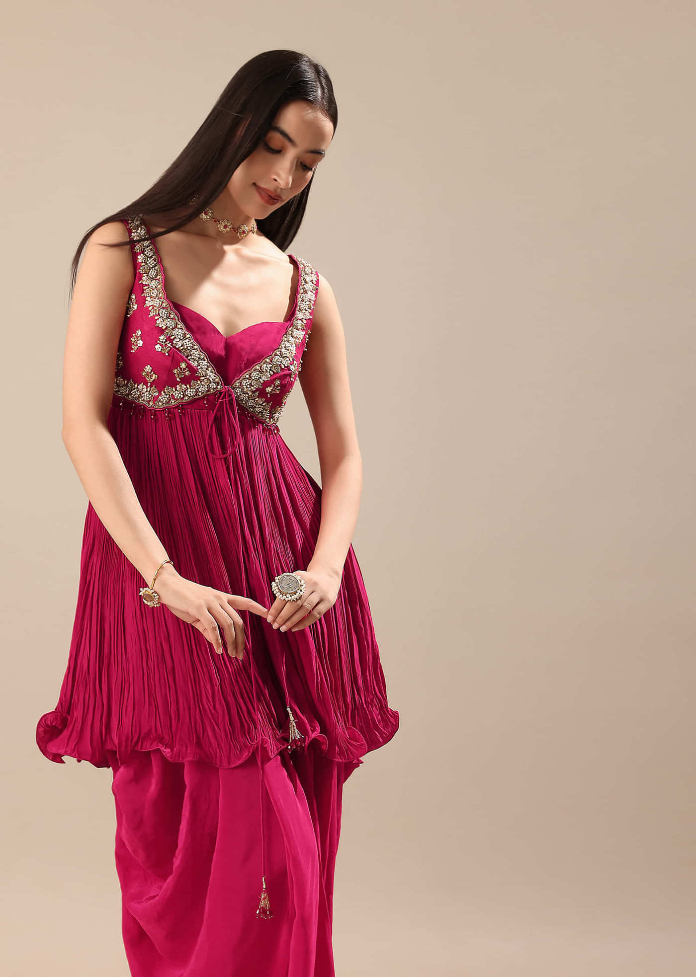 Magenta Crepe Dhoti With Embroidered Blouse And Koti