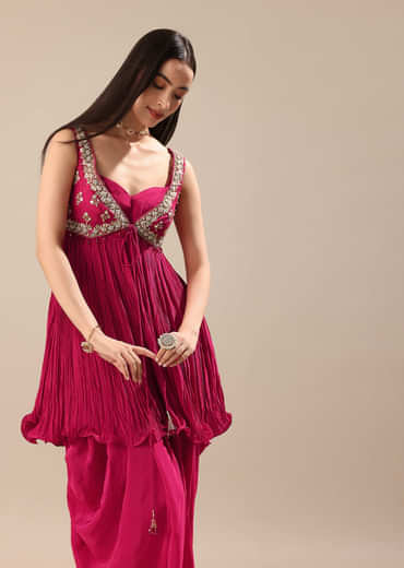 Magenta Crepe Dhoti With Embroidered Blouse And Koti