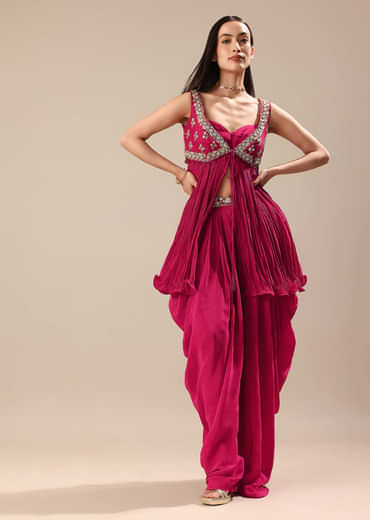 Magenta Crepe Dhoti With Embroidered Blouse And Koti