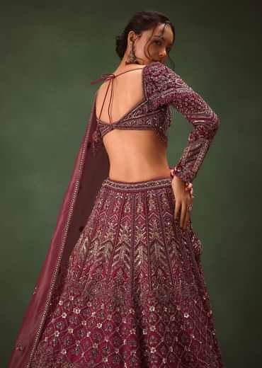 Magenta Embroidered Bridal Lehenga With Full Sleeves Blouse And Dupatta