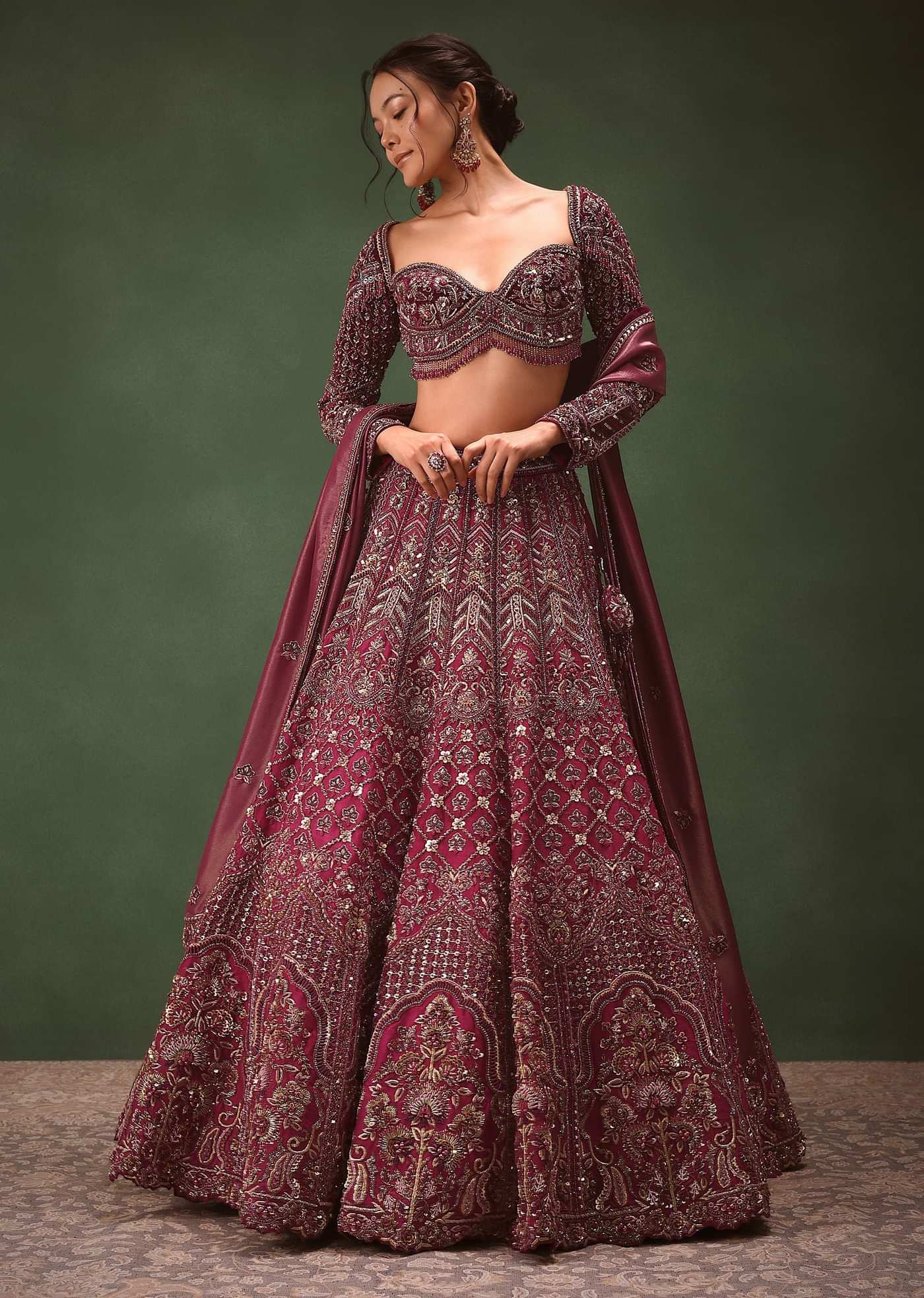 Magenta Embroidered Bridal Lehenga With Full Sleeves Blouse And Dupatta