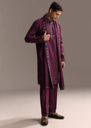 Magenta Kurta Set For Men With Resham Embroidery