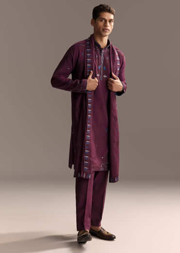 Magenta Kurta Set For Men With Resham Embroidery
