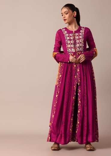 Magenta Pink Printed Embroidery Anarkali Pant Set With Dupatta