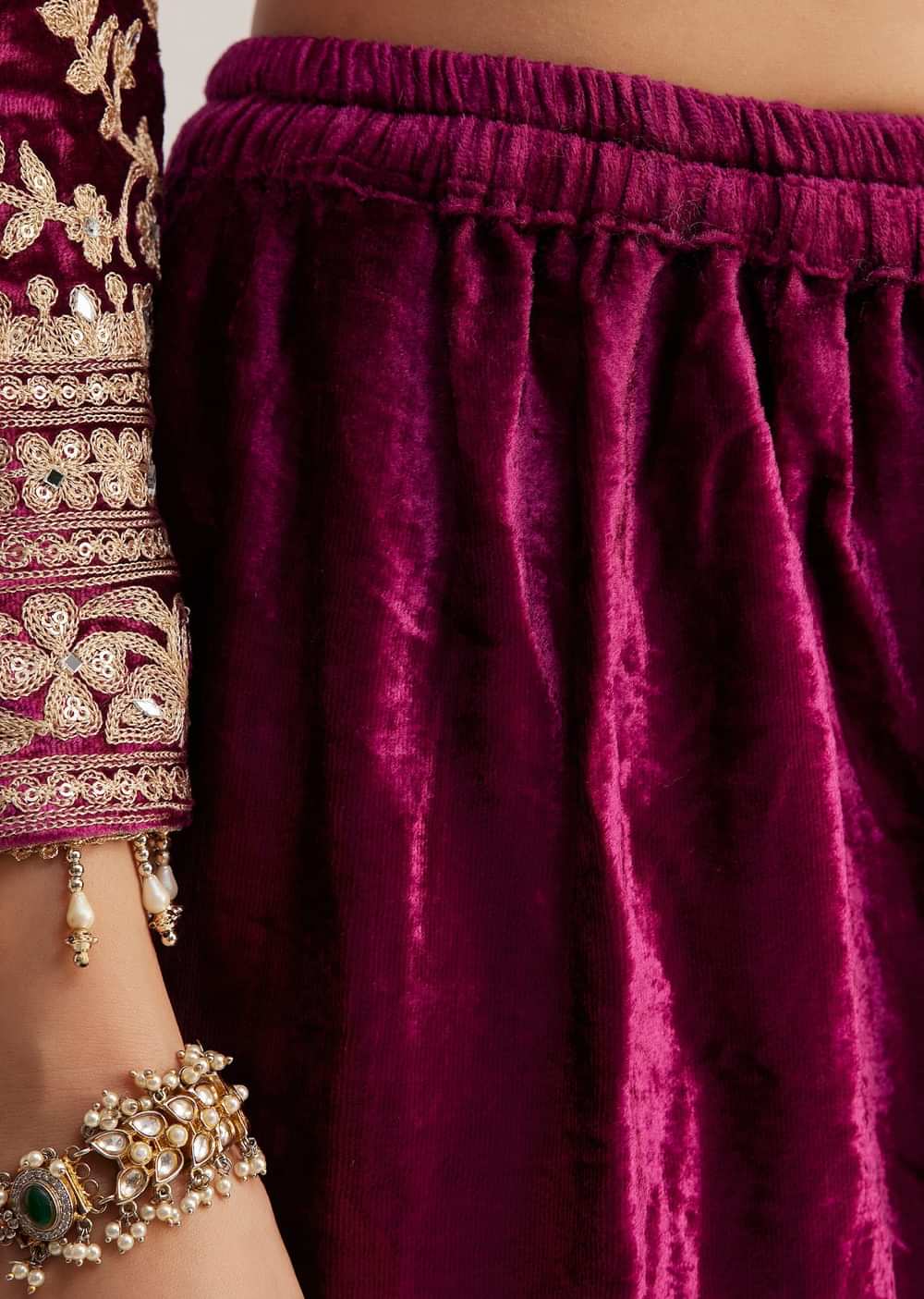 Magenta Pink Velvet Embroidered Palazzo Suit