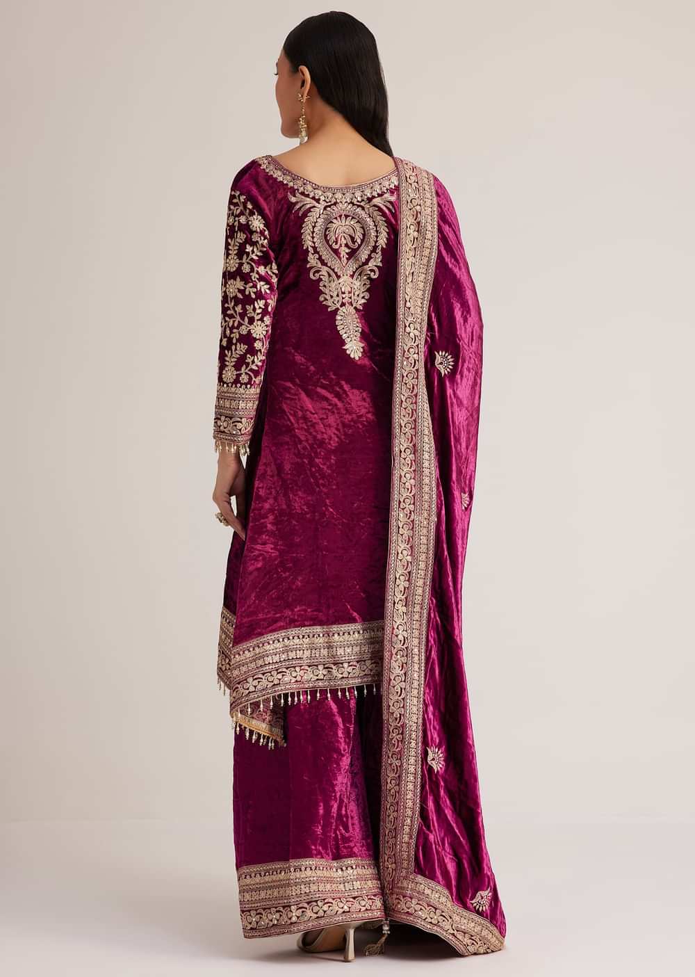 Magenta Pink Velvet Embroidered Palazzo Suit