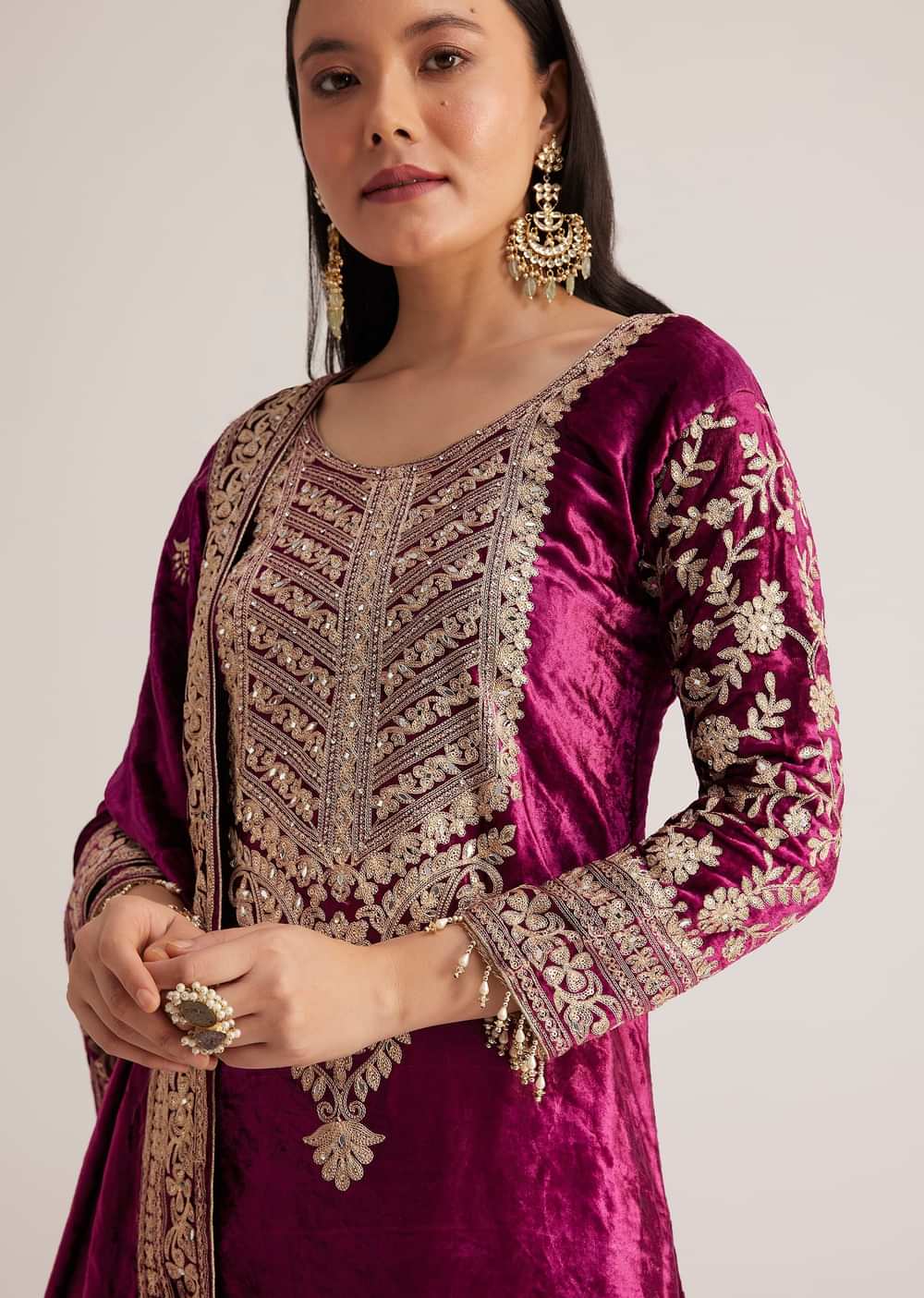 Magenta Pink Velvet Embroidered Palazzo Suit