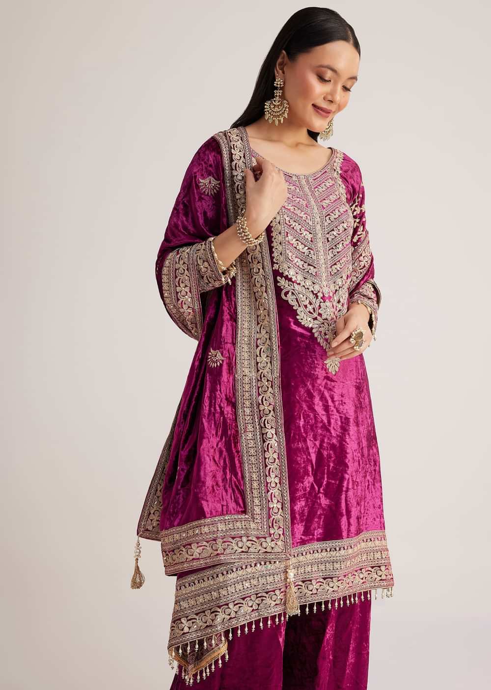 Magenta Pink Velvet Embroidered Palazzo Suit