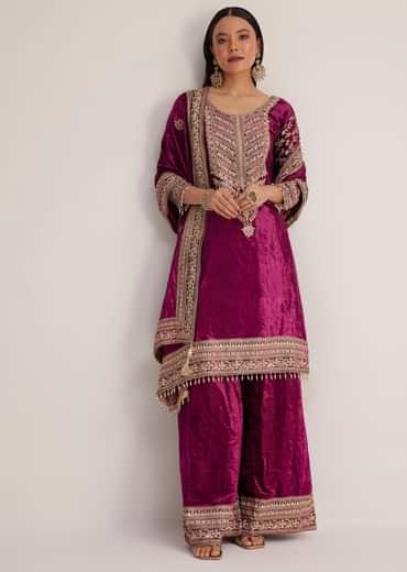 Magenta Pink Velvet Embroidered Palazzo Suit