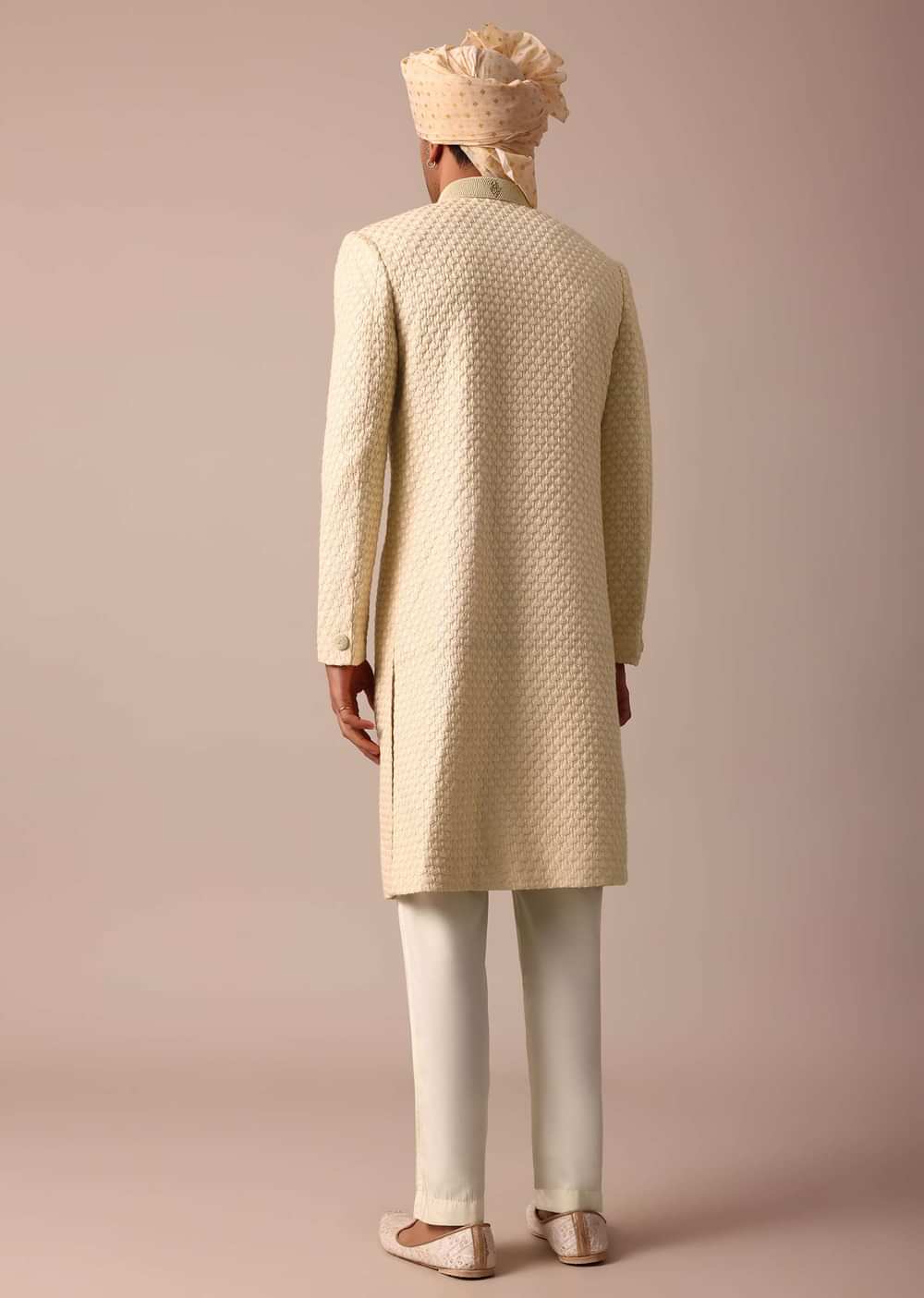 Magnificent Beige Silk Lucknowi Sherwani Set