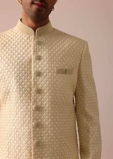 Magnificent Beige Silk Lucknowi Sherwani Set