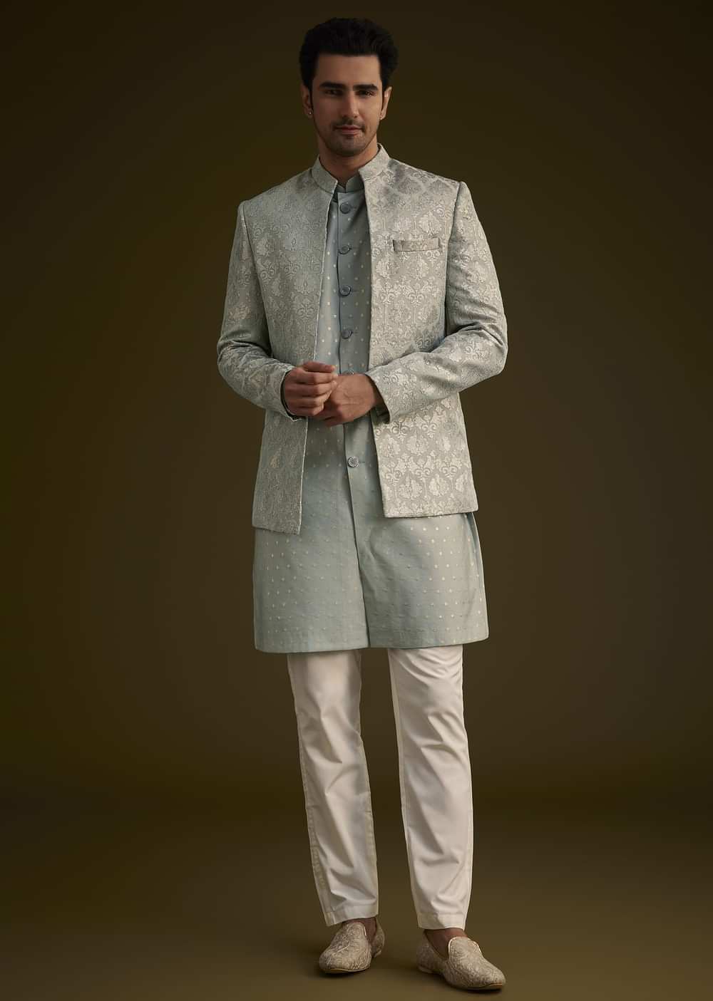 Grey Silk Jodhpuri Suit Featuring Foil Print