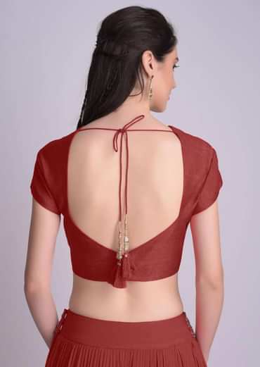 Maroon Blouse With Deep Sweet Heart Neck And Cap Sleeves