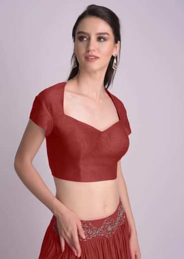 Maroon Blouse With Deep Sweet Heart Neck And Cap Sleeves