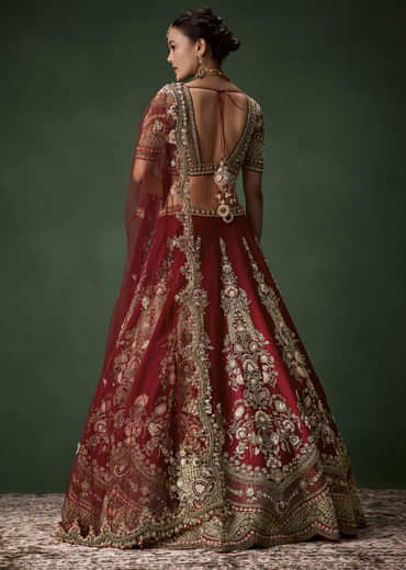 Maroon Bridal Lehenga Set In Raw Silk with Two Dupattas