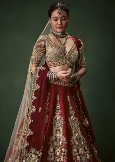Maroon Bridal Lehenga Set In Raw Silk with Two Dupattas