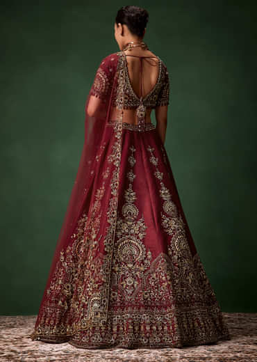 Maroon Bridal Moti Silk Lehenga Set with  Two Dupattas