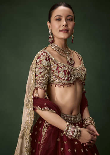 Maroon Bridal Patchwork Silk Lehenga Set with  Two Dupattas