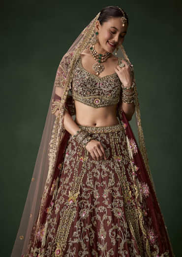 Maroon Bridal Silk Embellished Lehenga Set with  Two Dupattas