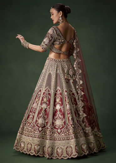 Maroon Bridal Silk Sequin Lehenga Set with  Two Dupattas