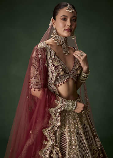 Maroon Bridal Silk Sequin Lehenga Set with  Two Dupattas