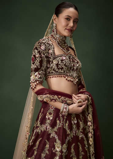 Maroon Bridal Silk Zardozi Lehenga Set with  Two Dupattas