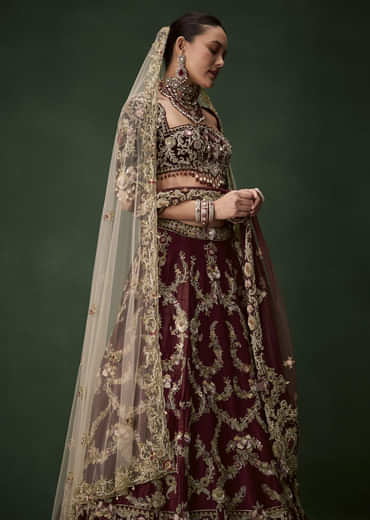 Maroon Bridal Silk Zardozi Lehenga Set with  Two Dupattas