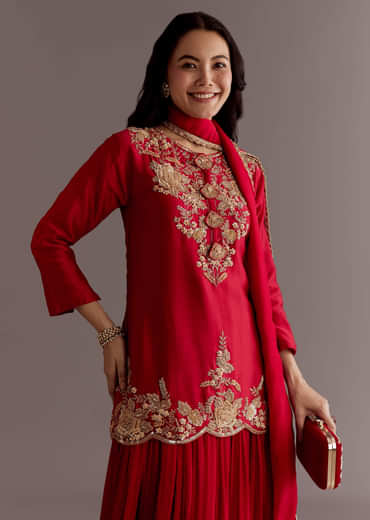 Maroon Chinon Sequin Gota Lace Kurta Skirt Set With Dupatta