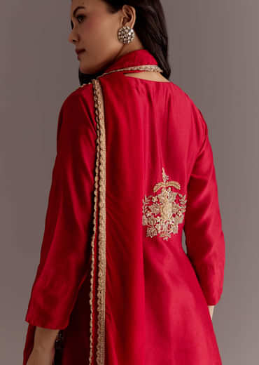 Maroon Chinon Sequin Gota Lace Kurta Skirt Set With Dupatta