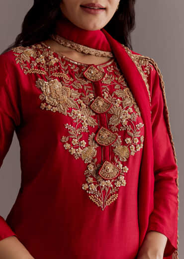 Maroon Chinon Sequin Gota Lace Kurta Skirt Set With Dupatta