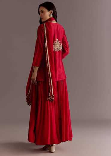 Maroon Chinon Sequin Gota Lace Kurta Skirt Set With Dupatta