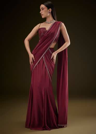 Maroon Corset Embroidered Blouse With Pre Stitched Draped Saree