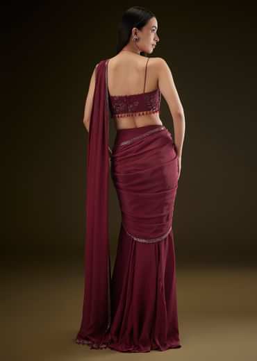 Maroon Corset Embroidered Blouse With Pre Stitched Draped Saree