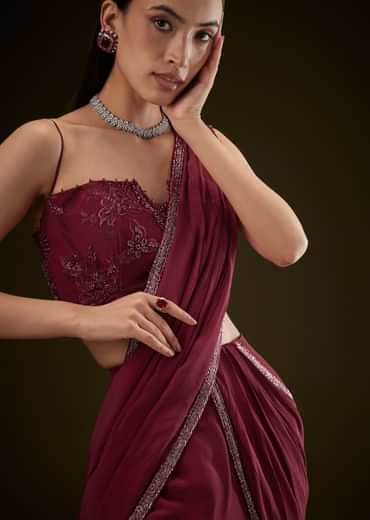 Maroon Corset Embroidered Blouse With Pre Stitched Draped Saree