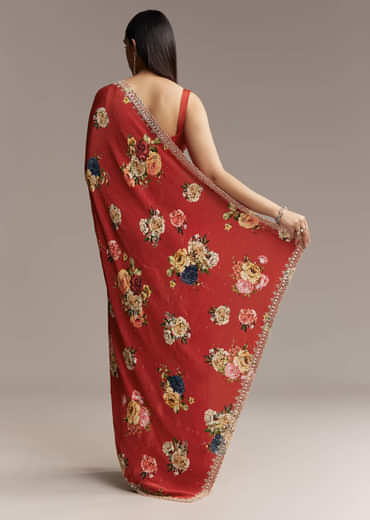 Maroon Crepe Saree With Multicolor Floral Print And Embellished Border