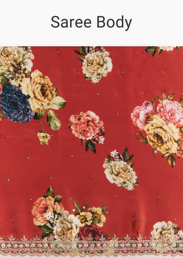 Maroon Crepe Saree With Multicolor Floral Print And Embellished Border