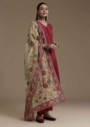Maroon Foil Mirror Kurta Set with Kalamkari Dupatta