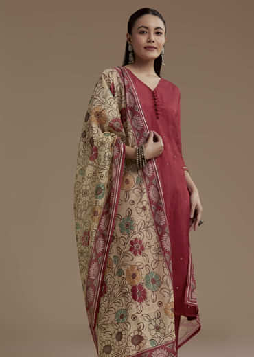 Maroon Foil Mirror Kurta Set with Kalamkari Dupatta