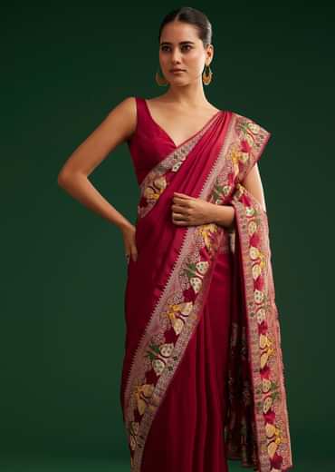 Maroon Georgette Saree With Zari And Multicolour Thread Accents
