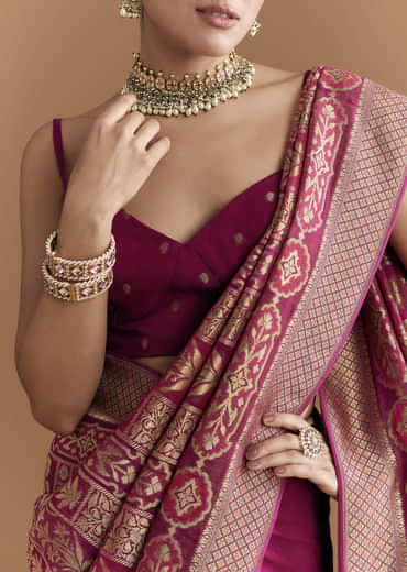 Maroon Khadhi Georgette Saree With Floral And Geometric Zari Work