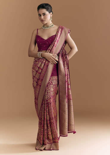 Maroon Khadhi Georgette Saree With Floral And Geometric Zari Work