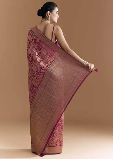 Maroon Khadhi Georgette Saree With Floral And Geometric Zari Work