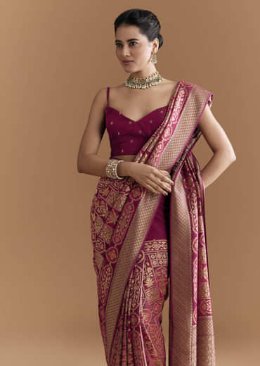 Maroon Khadhi Georgette Saree With Floral And Geometric Zari Work