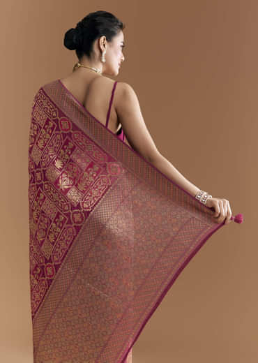 Maroon Khadhi Georgette Saree With Floral And Geometric Zari Work